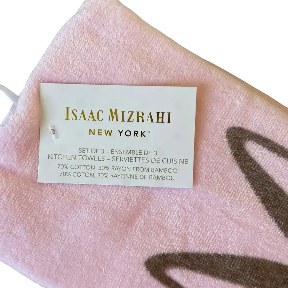 ISAAC MIZRAHI Pink Bunny Rabbit Cotton Kitchen Towels 19x28 Set of 3 Spring New